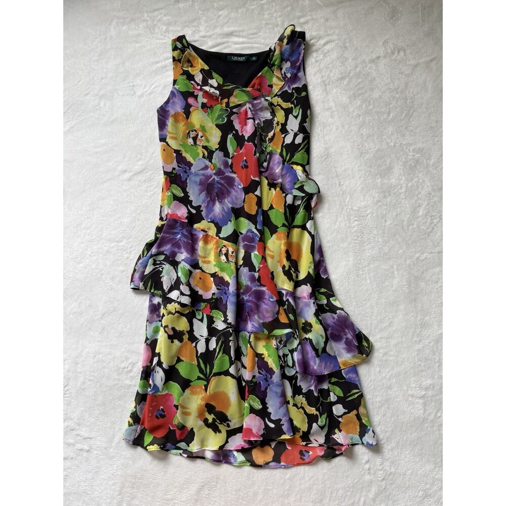 Lauren Ralph Laure Floral Dress Womens Colorful Ruffles Sleeveless Midi Size 14
